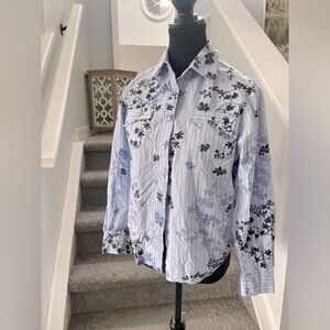 Haggar Western Blouse Floral Print Stripe Light Wash Powder Blue Navy Size S P﻿﻿